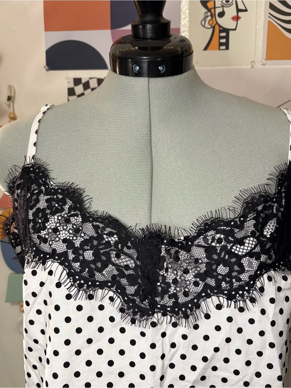 Nasty Gal White Polka Dot Cami with Black Lace Trim - Picture 2 of 6